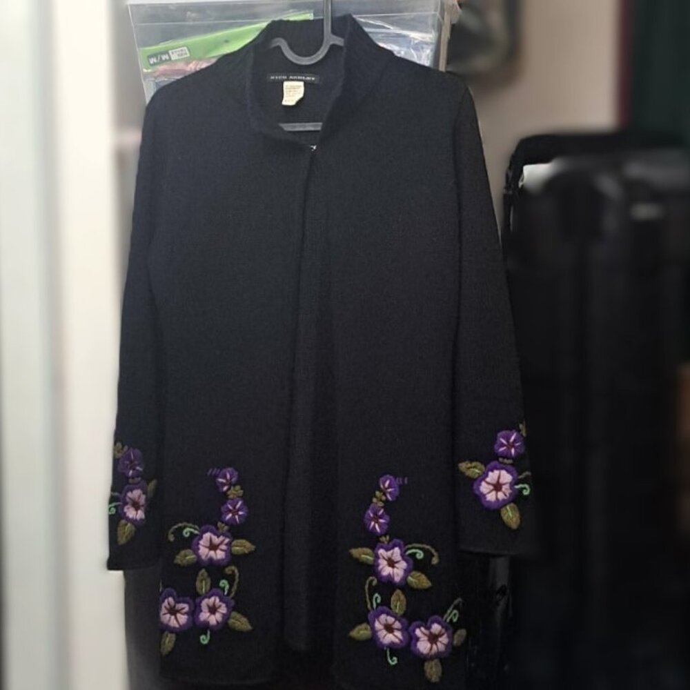 Vintage Above the Knee Cardigan Sweater with Embroidered Floral Accents